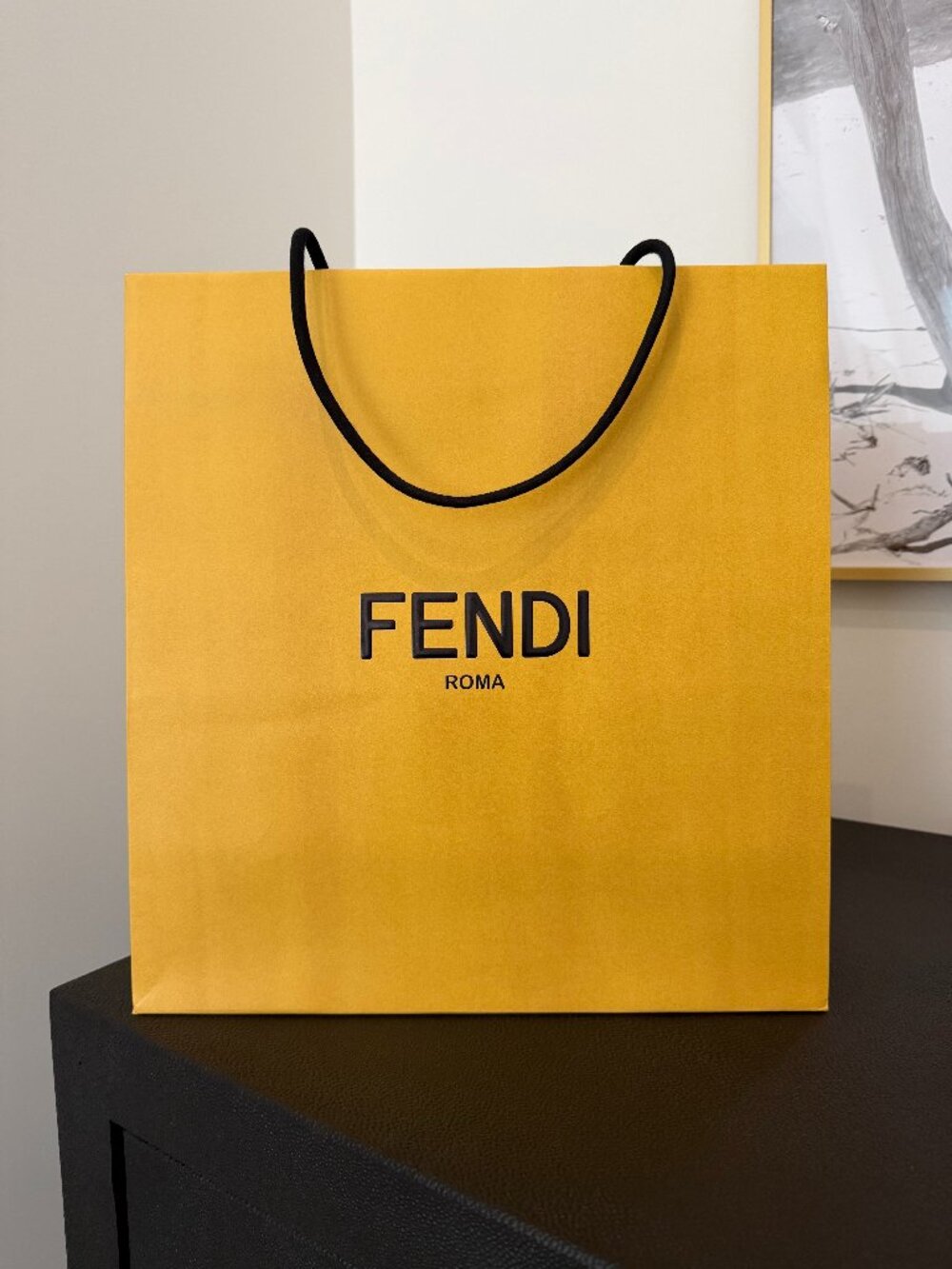 Fendi Roma Empty Paper Shopping Gift Bag — Yellow, Black Logo, 13x14x5.5"